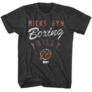 Rocky T-Shirt Distressed Mick's Gym Boxing Philly 76 Black Heather Tee - Senob right