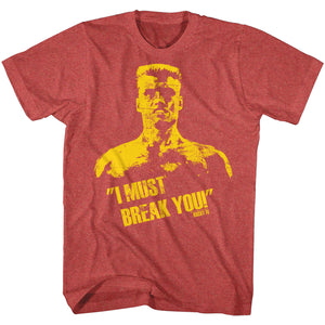 Rocky T-Shirt Distressed Ivan Drago I Must Break You Red Heather Tee - Senob right