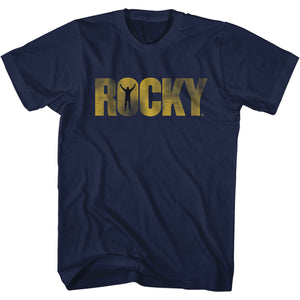 Rocky T-Shirt Distressed Faded Yellow Logo Navy Tee - Senob right